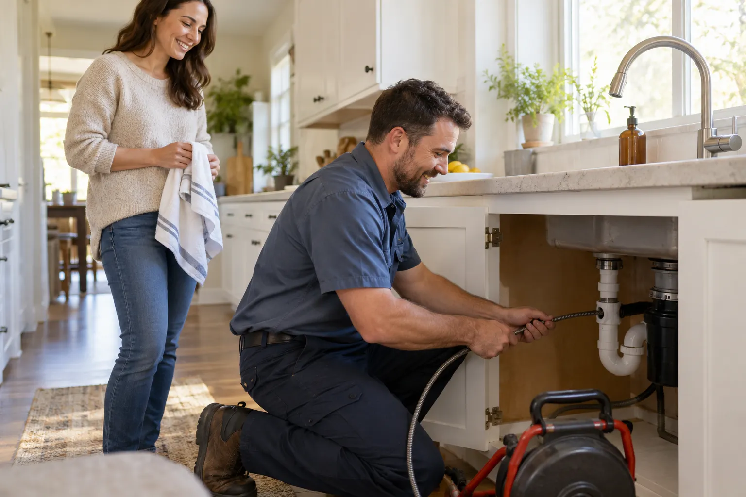 A friendly local provider checking a kitchen sink drain with a drain cable in a Raymore home