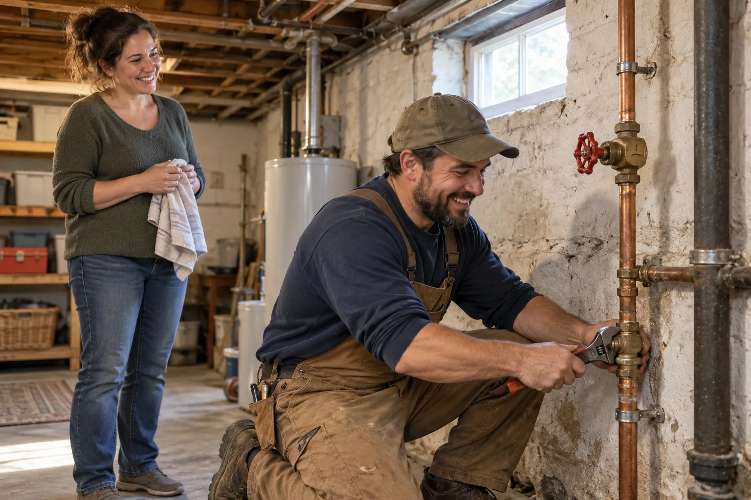 Friendly local plumber checking a pipe under a basement sink in a home in Raymore