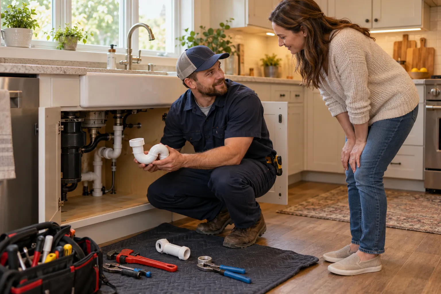 A provider explaining a drain problem to a homeowner in the Raymore area