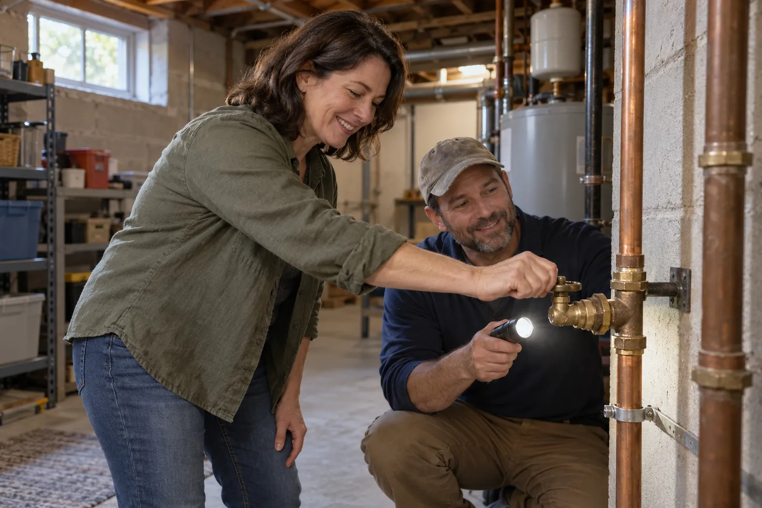 A homeowner in Raymore turning the main water shutoff valve in a basement while a plumbing provider looks on
