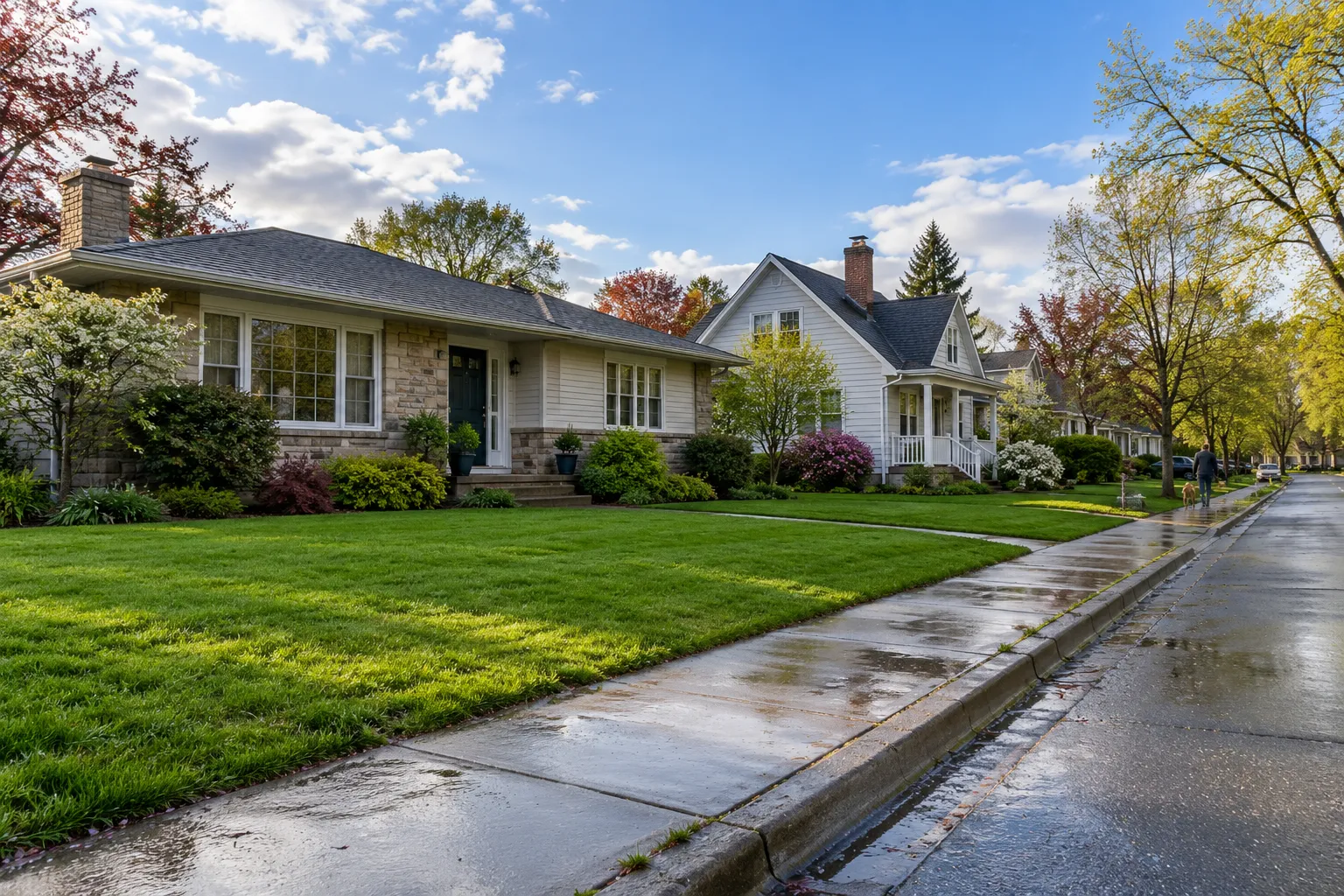 A ranch-style home in Raymore with a tidy front yard after a spring rain
